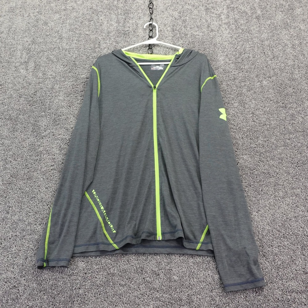 Under Armour Heatgear Hoodie Mens Large Gray Neon Full Zip Activewear Shirt LG